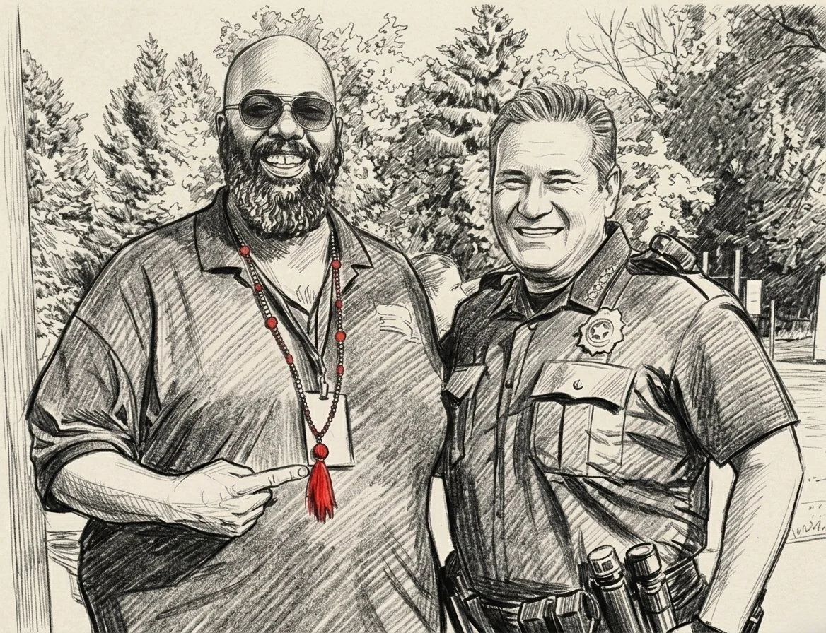 Jason McBride pointing to officer